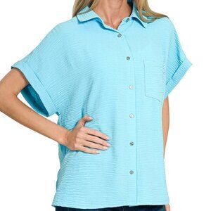 Zenana Woven Airflow Button Down Shirt - Sky Blue